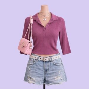 Vintage Y2K Purple Ribbed Collared Sweater 3/4 Sleeve S Stretch Casual Preppy